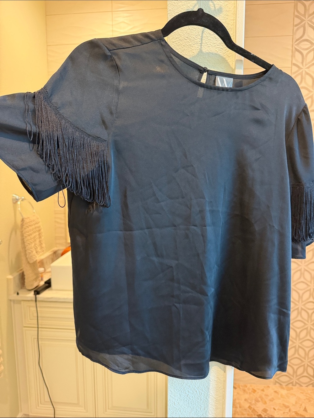 Worthington Black Short Sleeve Fringe Top